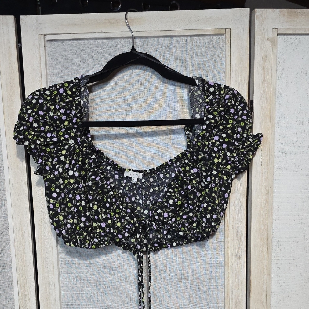 Love Tree Floral Crop Top Black Purple Green Ditsy Puff Sleeve Cottagecore Large